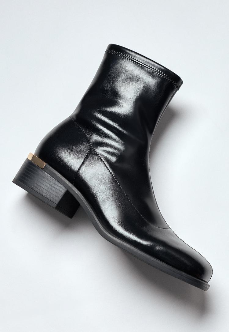 Stretch leather effect flat ankle boots — BLACK 