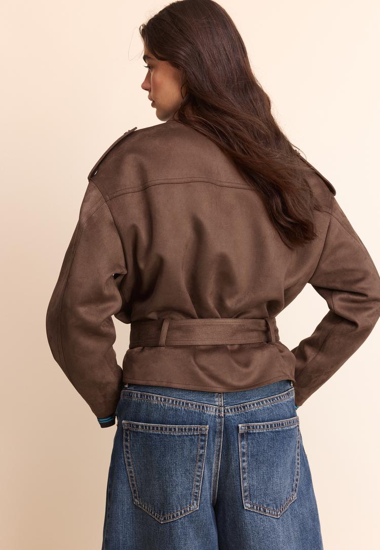  Stradivarius Μπουφάν Biker Με Ζώνη Καφέ L - 4