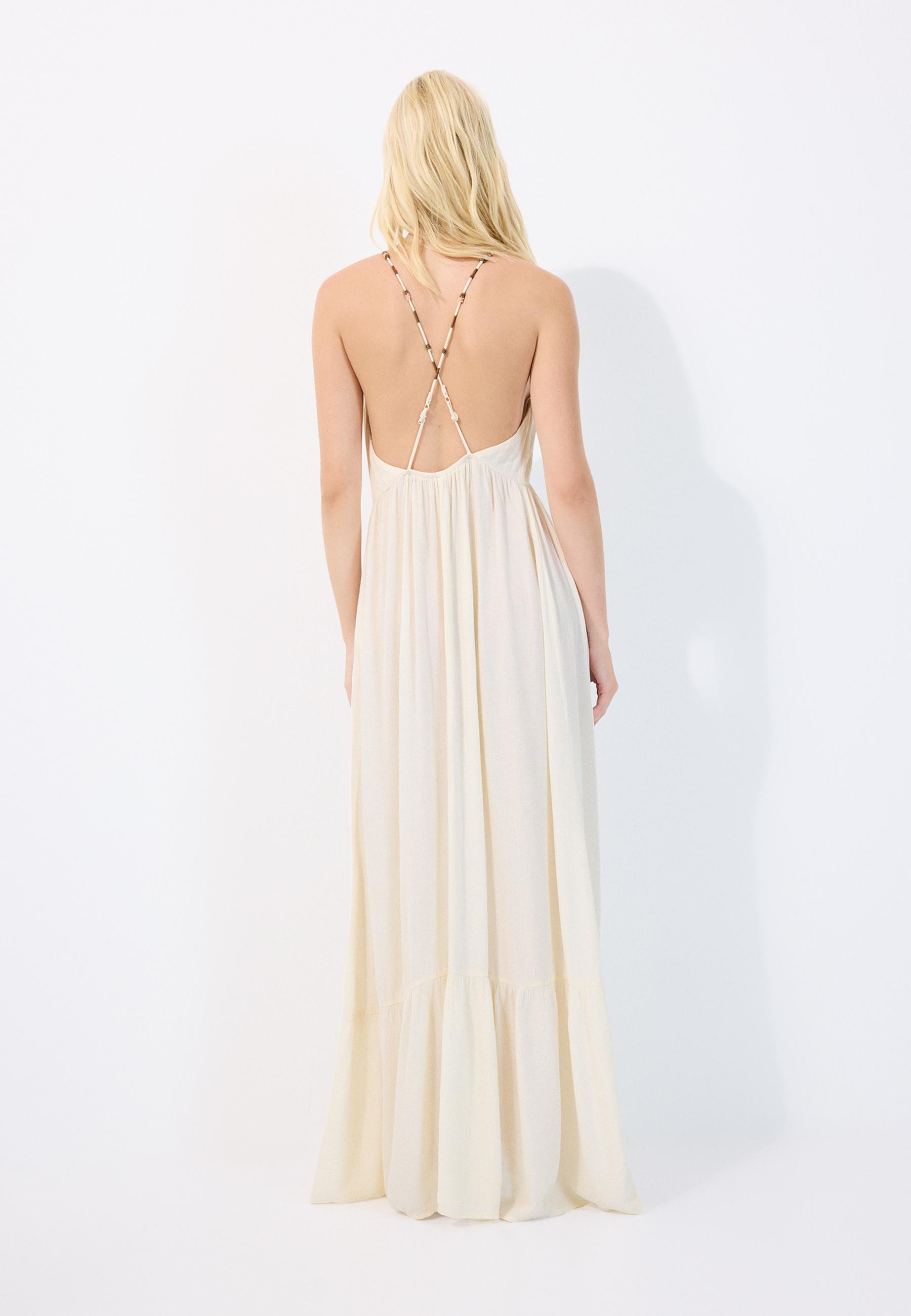 Long crepe dress with beading straps — Vanilla