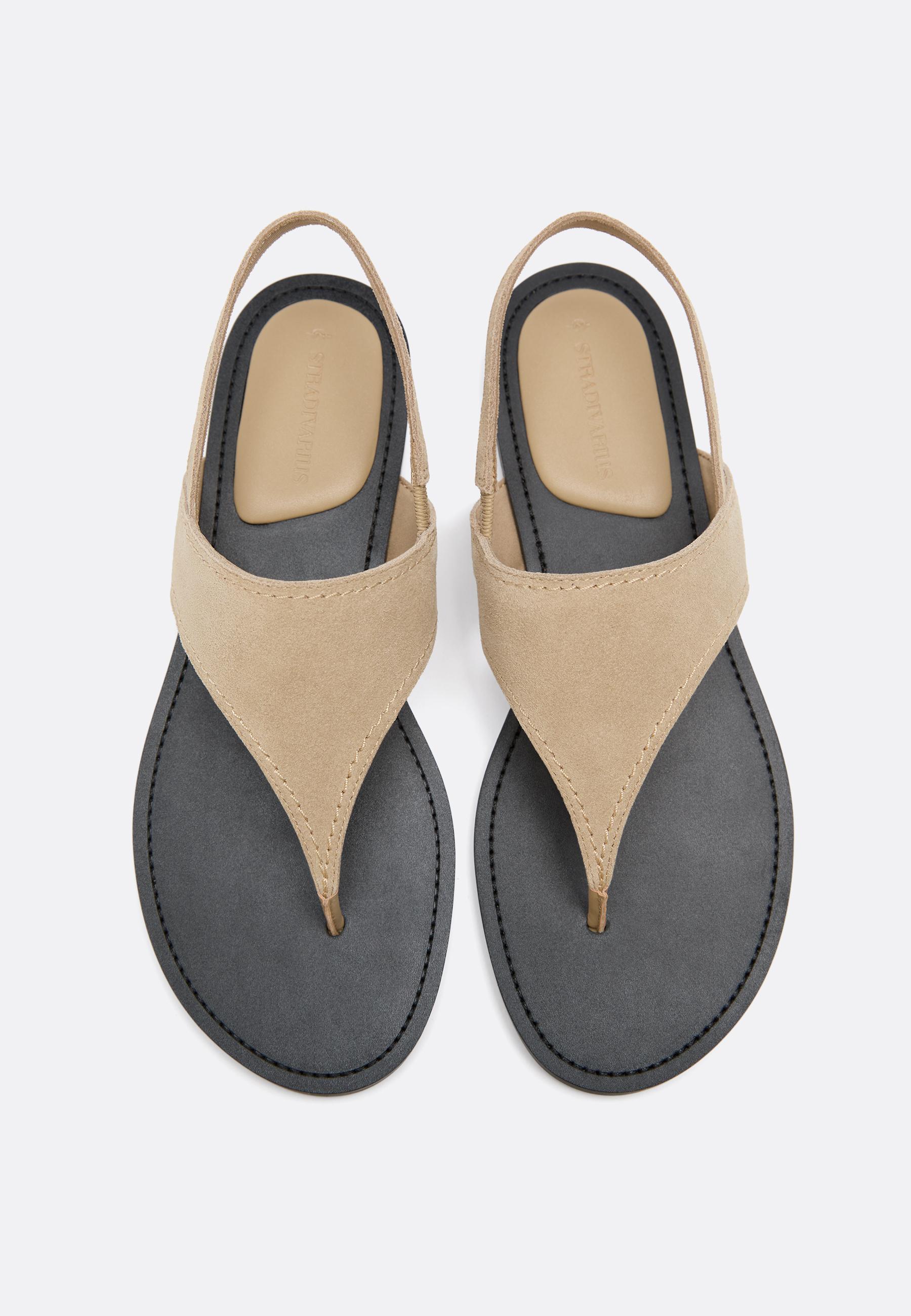 Flat leather thong sandals — BEIGE