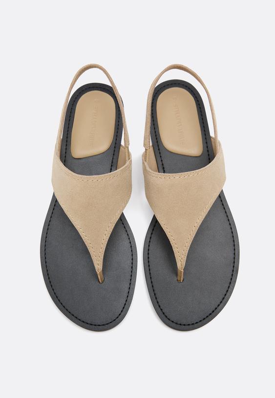 Stradivarius Flat Leather Thong Sandals Beige 2