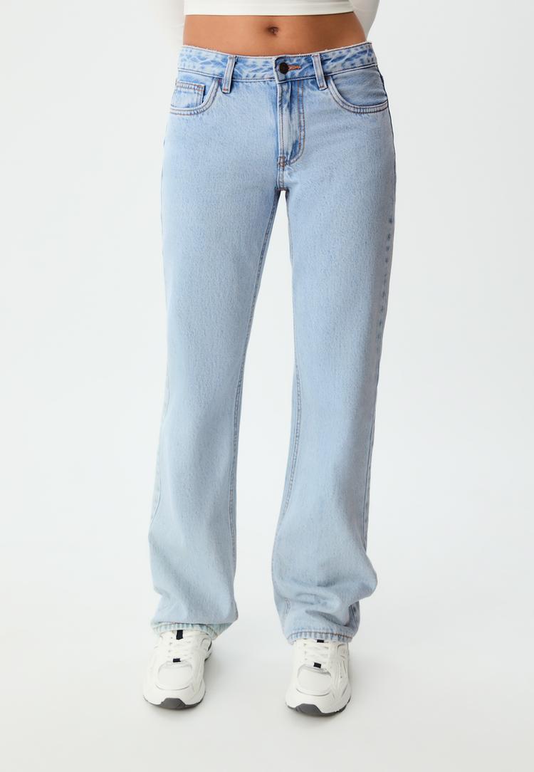 Stradivarius Pantaloni Low Straight Leg Efect Prespălat Denim Albastru Mediu Deschis 42