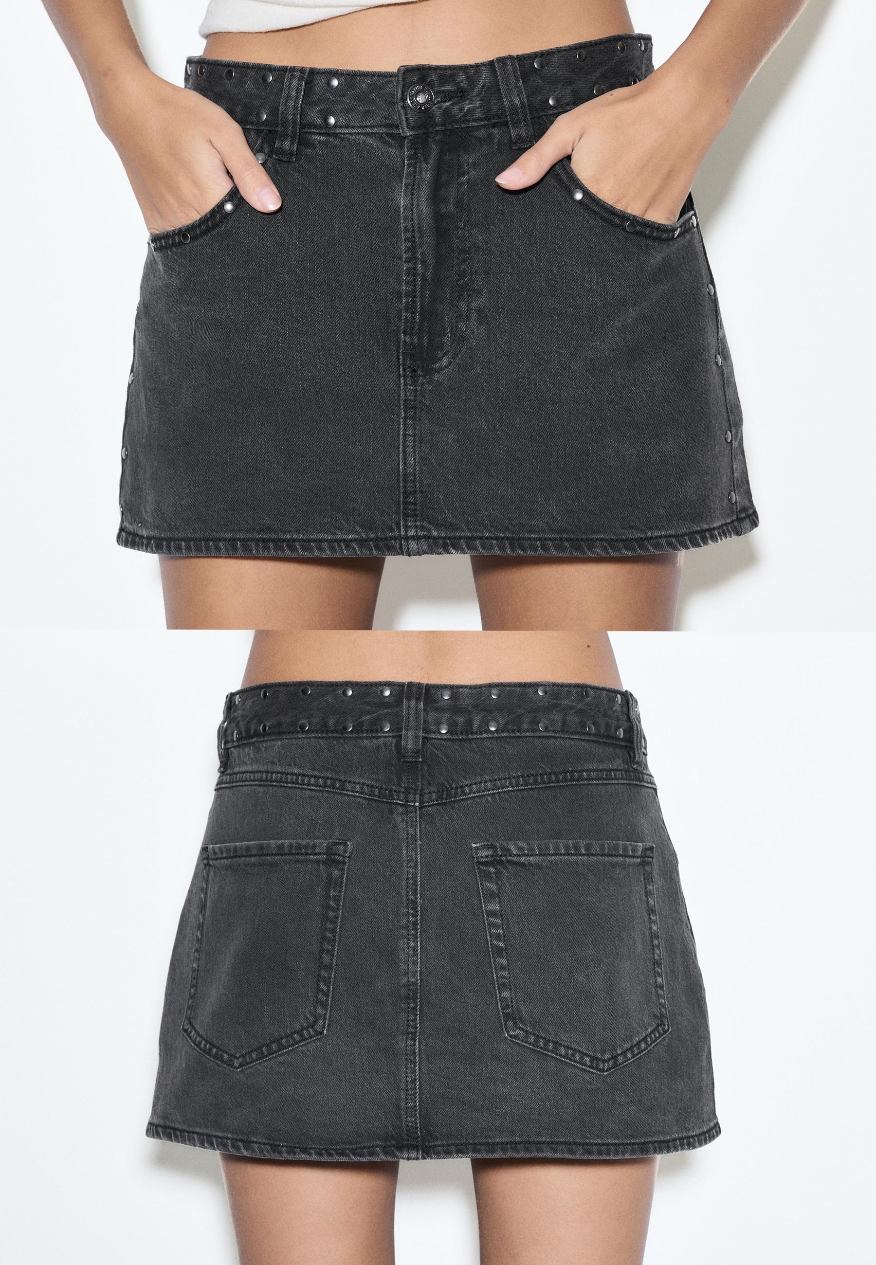 D62 studded denim skort — BLACK DENIM WASHED EFFECT