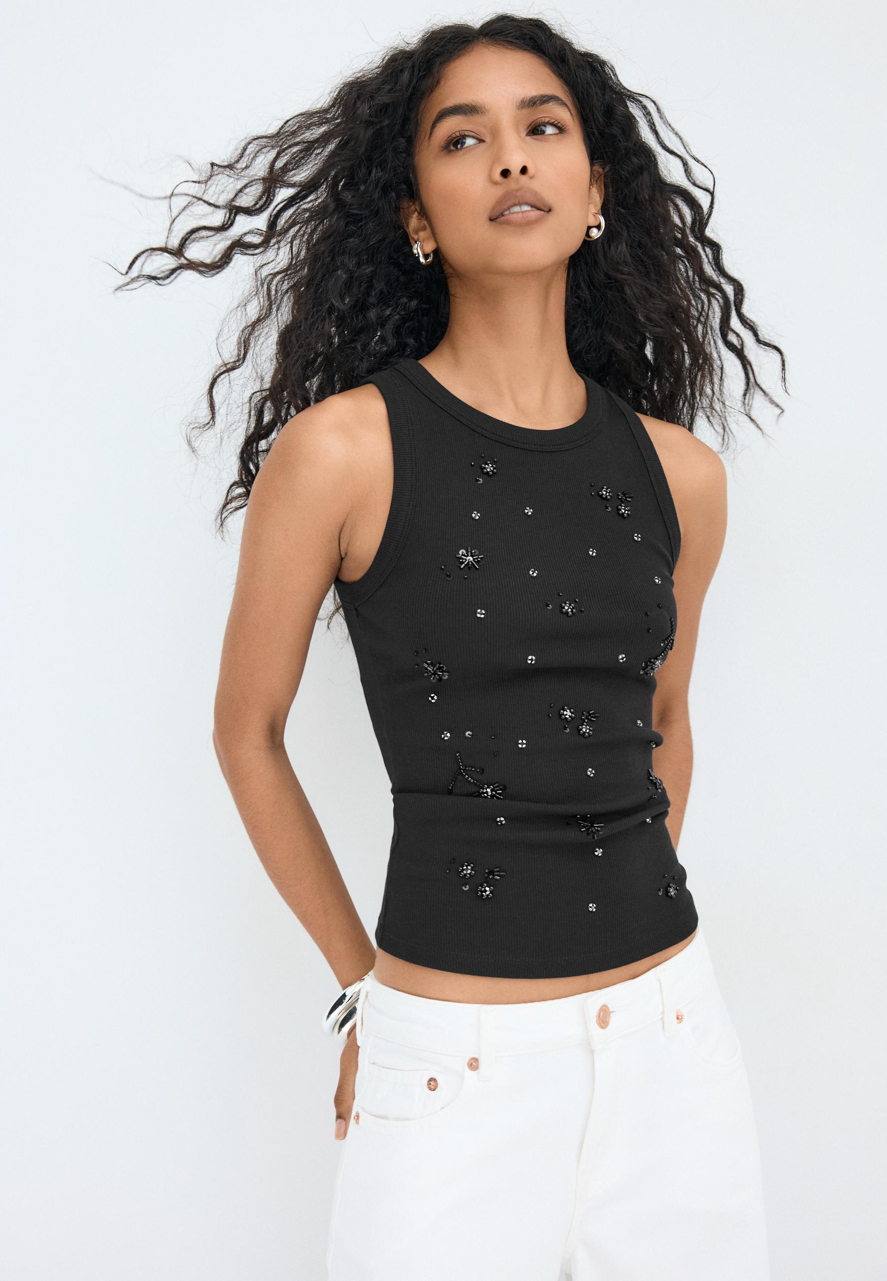 Jewelled racerback top — Black