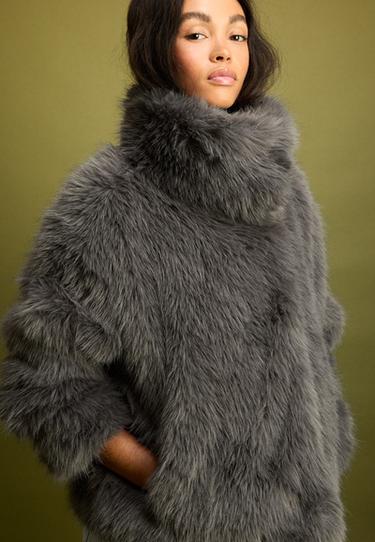 Basic high neck faux fur jacket — Dark grey 5