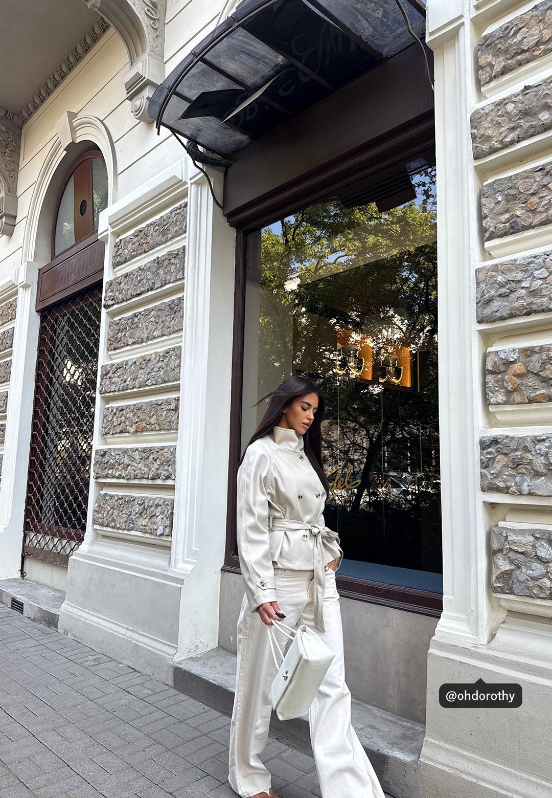 High neck leather effect trench coat — Ecru