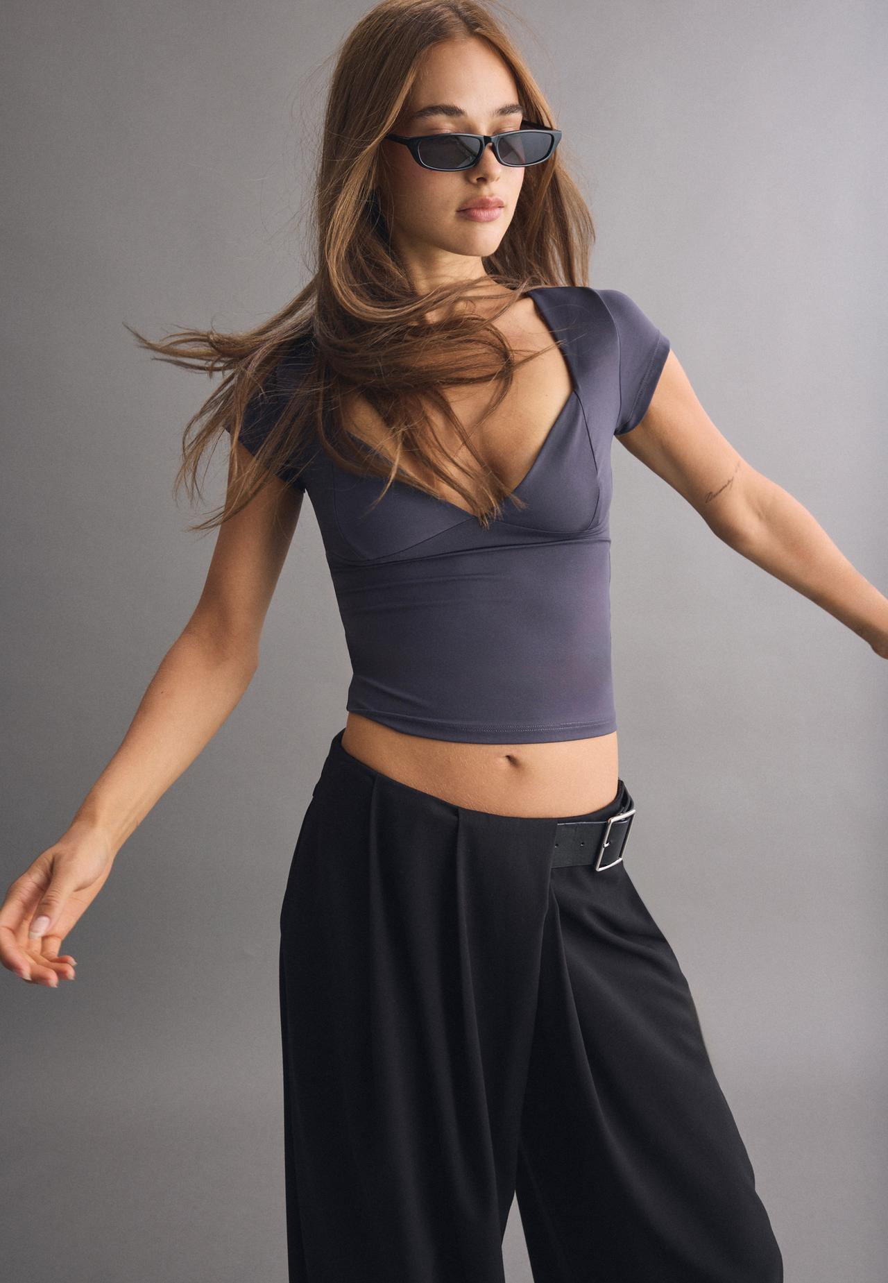 Polyamide V-neck cap sleeve T-shirt — Dark grey