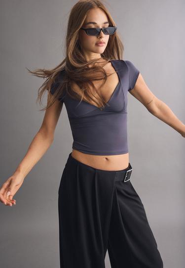 Polyamide V-neck cap sleeve T-shirt — Dark grey 2