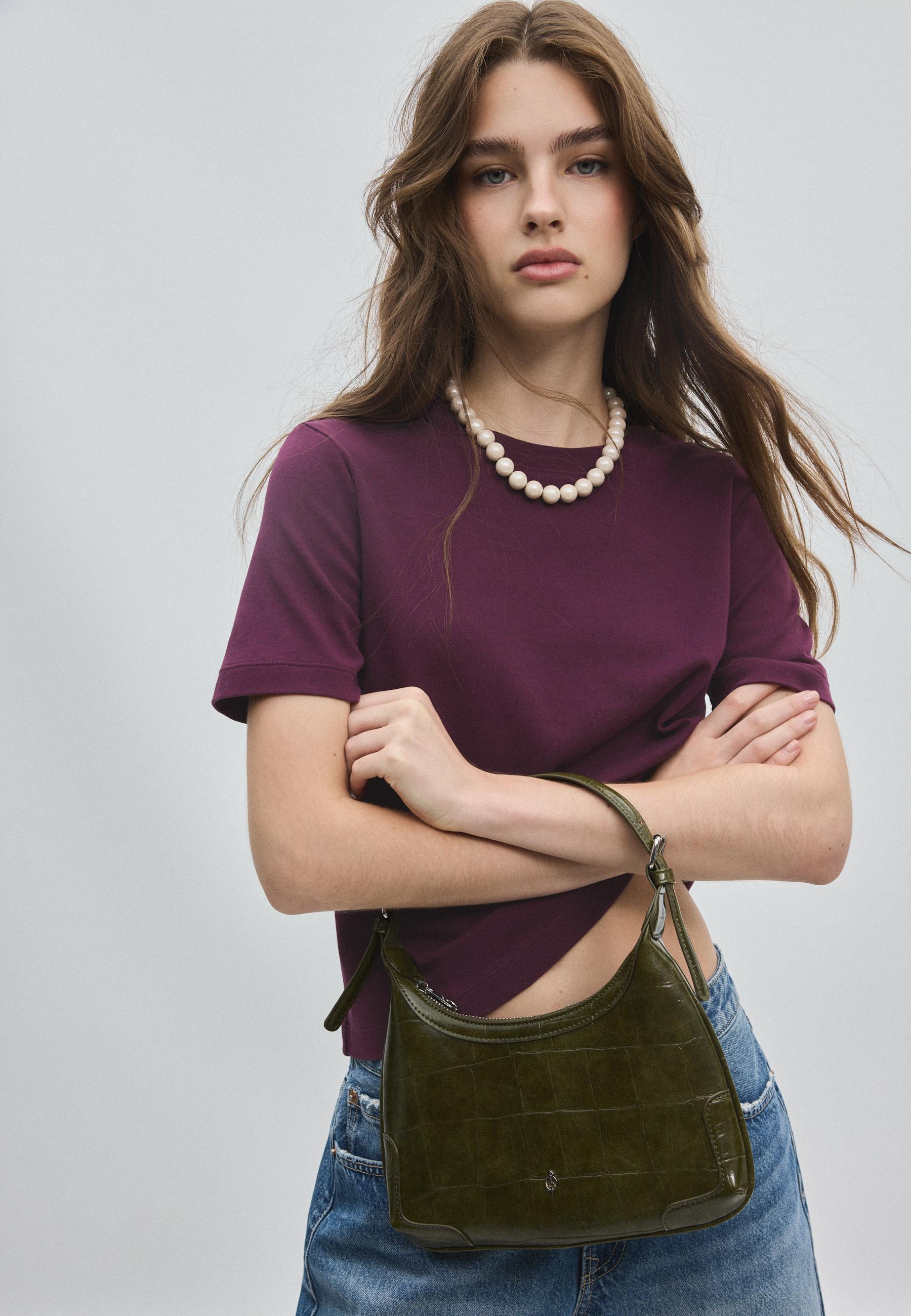 Mock croc mini chain shoulder bag — Khaki