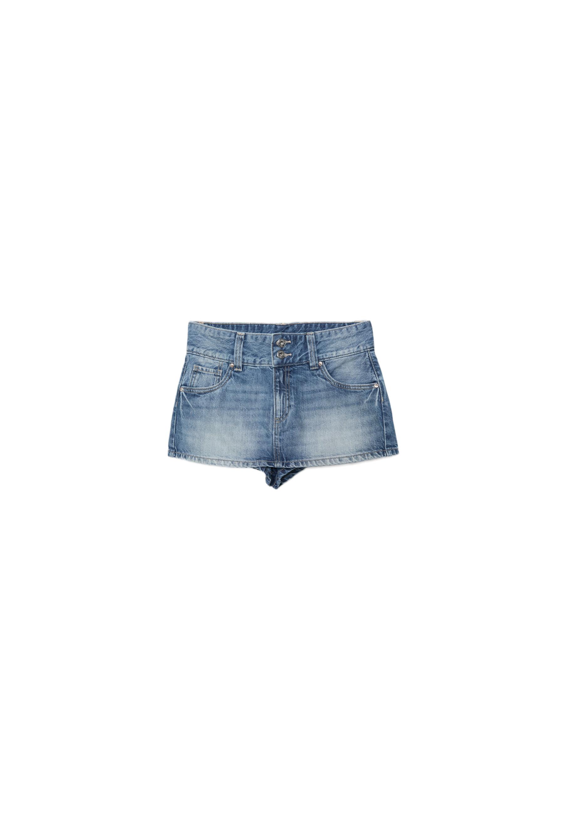 Low-waist denim skort with detailing — MEDIUM DENIM WASH
