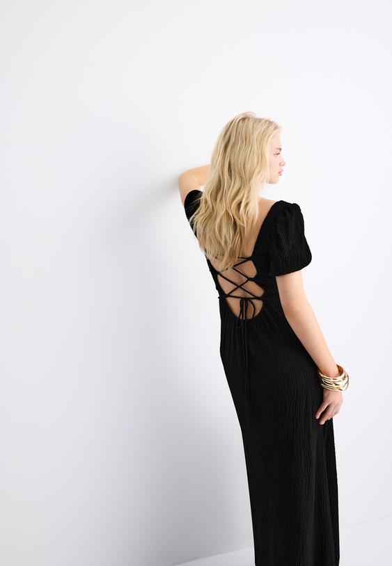 Stradivarius Robe Longue Fluide Dos Croisé Noir Xs