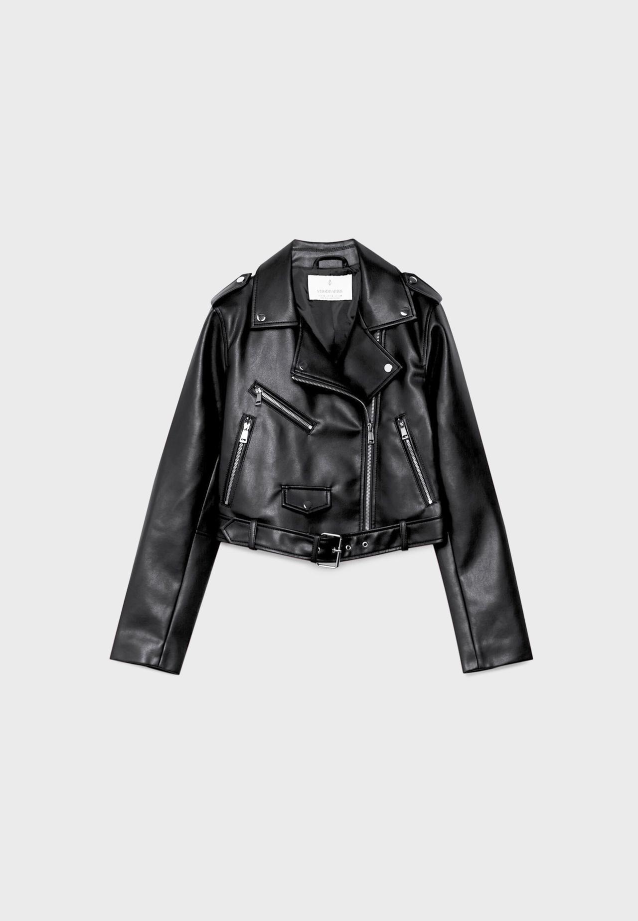 Leather effect biker jacket with belt — Black