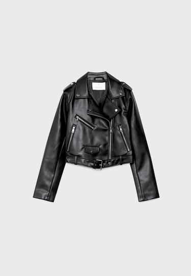 Leather effect biker jacket with belt — Black 7