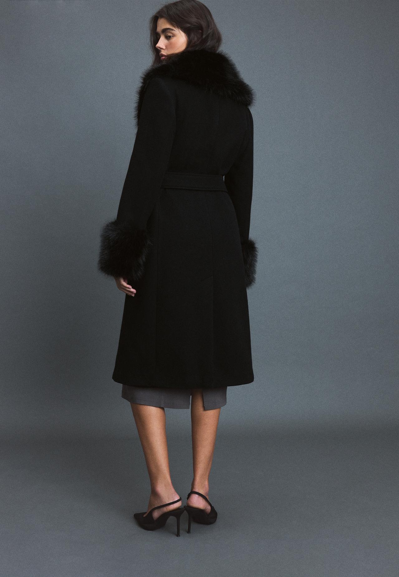 Wool-blend faux fur collar coat — Black