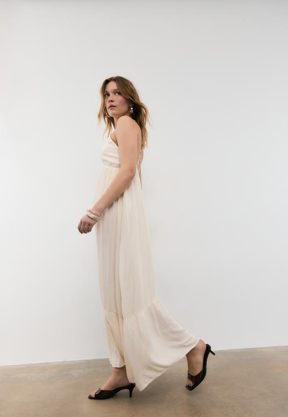 Stradivarius Robe Longue À Smocks Et Perles Vanille Xl