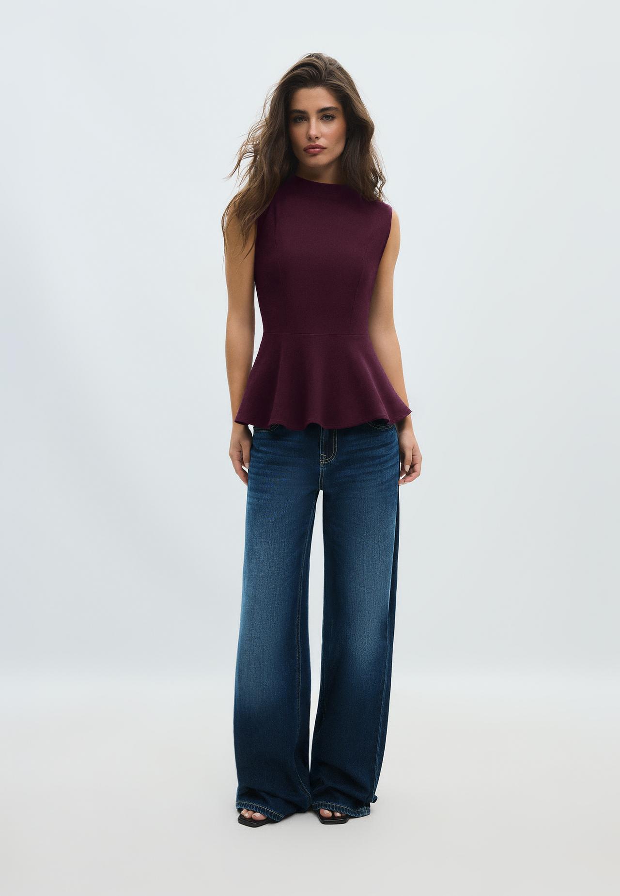 Sleeveless peplum top with high neck — Purple