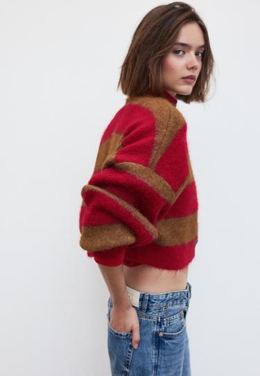 Striped funnel neck knit cardigan — Beige 3