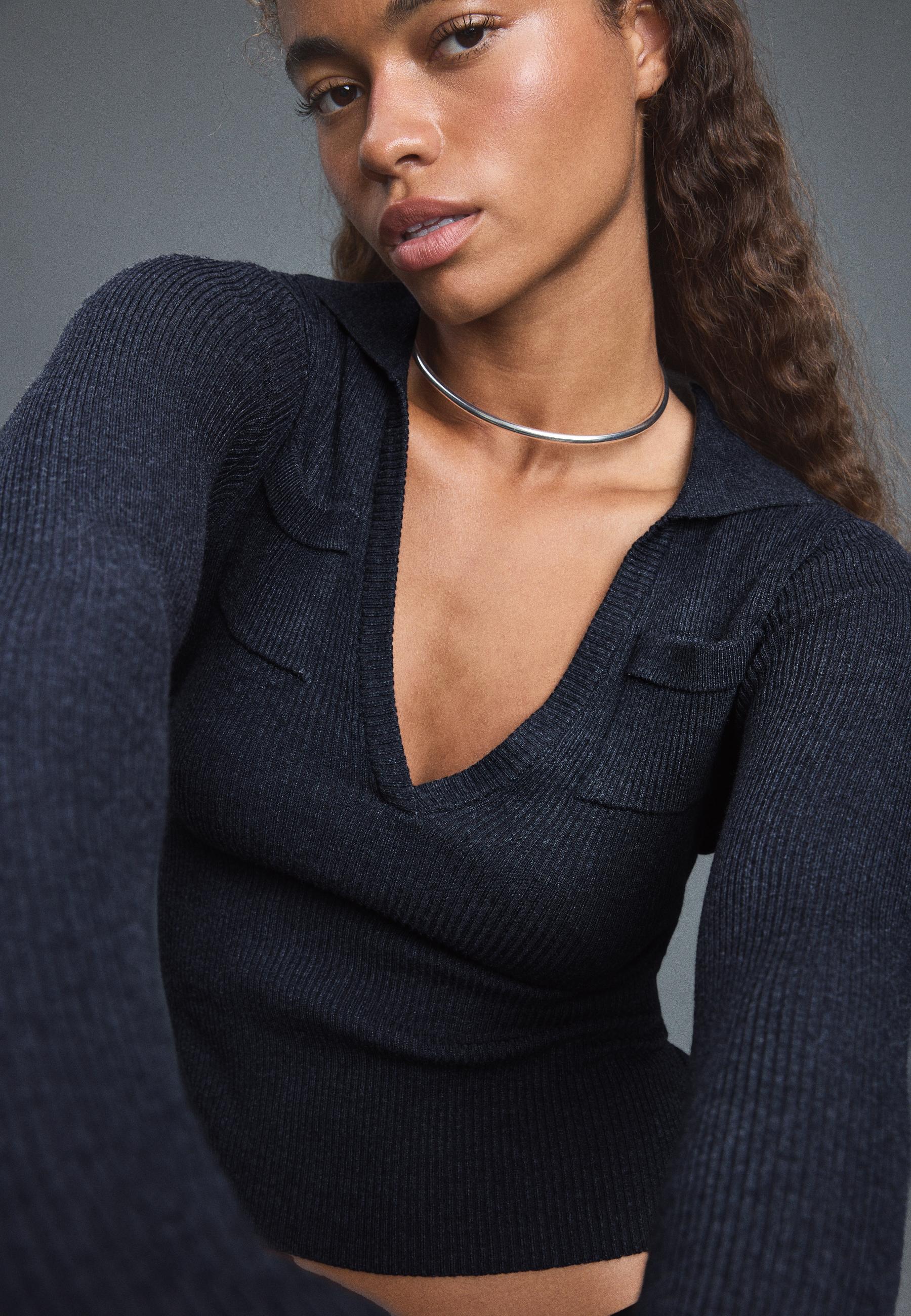 Polo collar knit jumper with pockets — Dark grey