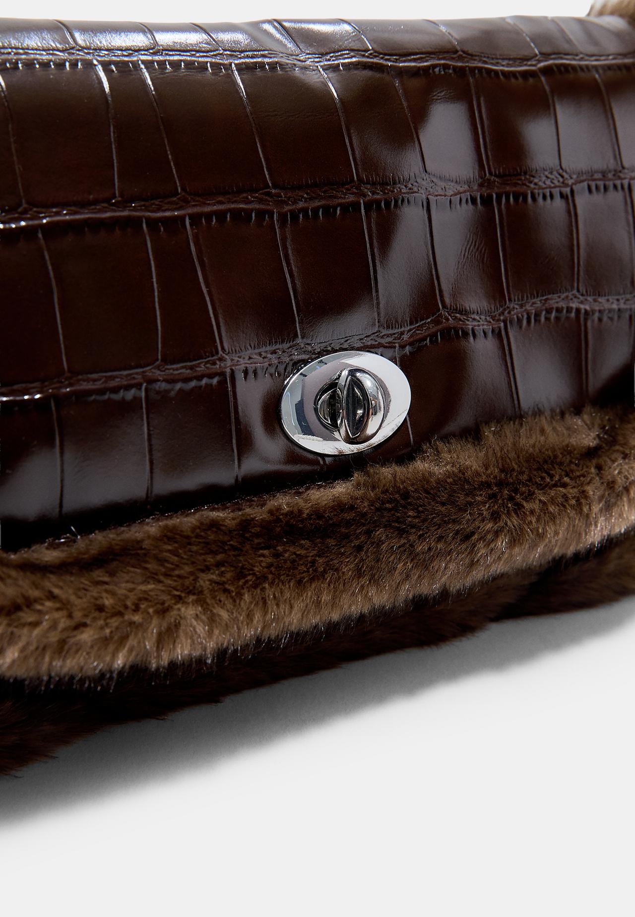 Combined mock croc and faux fur shoulder bag — Brown