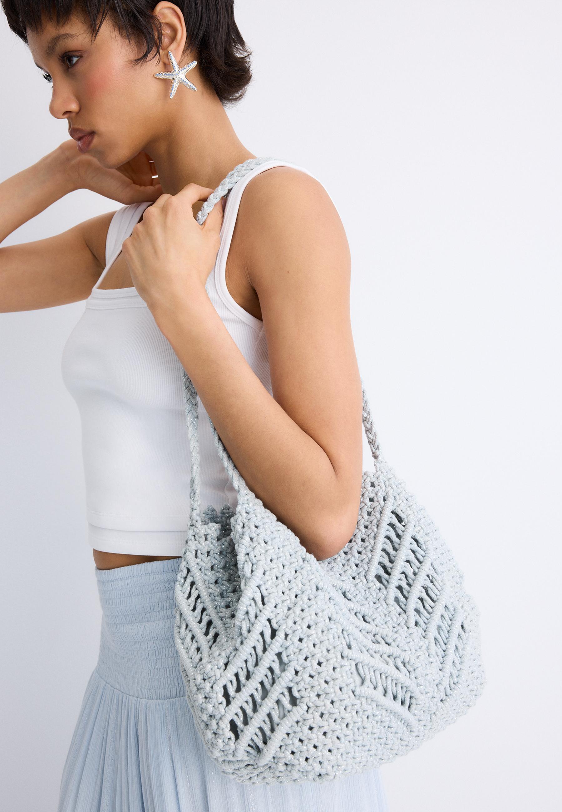 Metallic thread crochet shopper bag — Grey