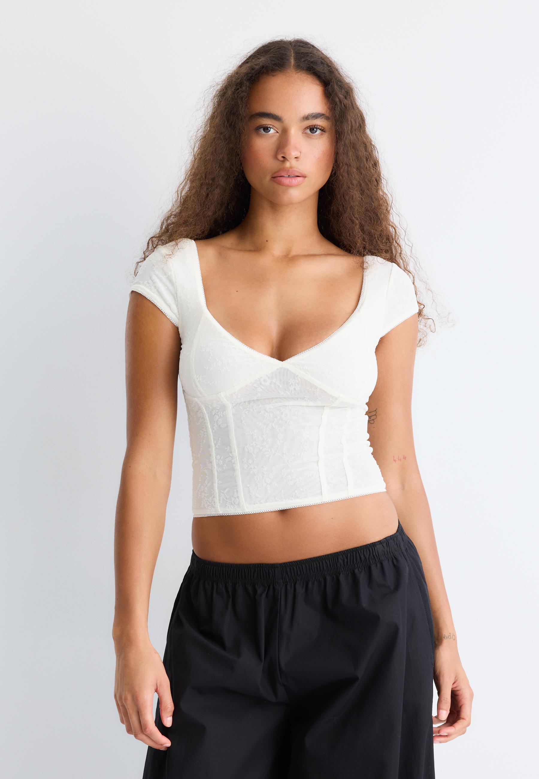 Flocked bodice top — Ecru