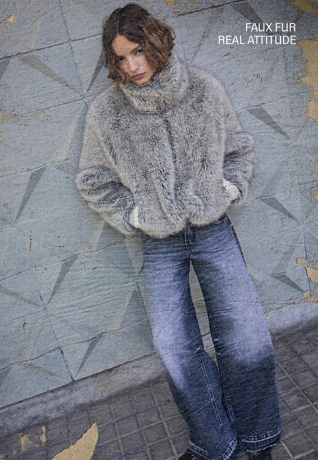 Faux fur jacket with high neck