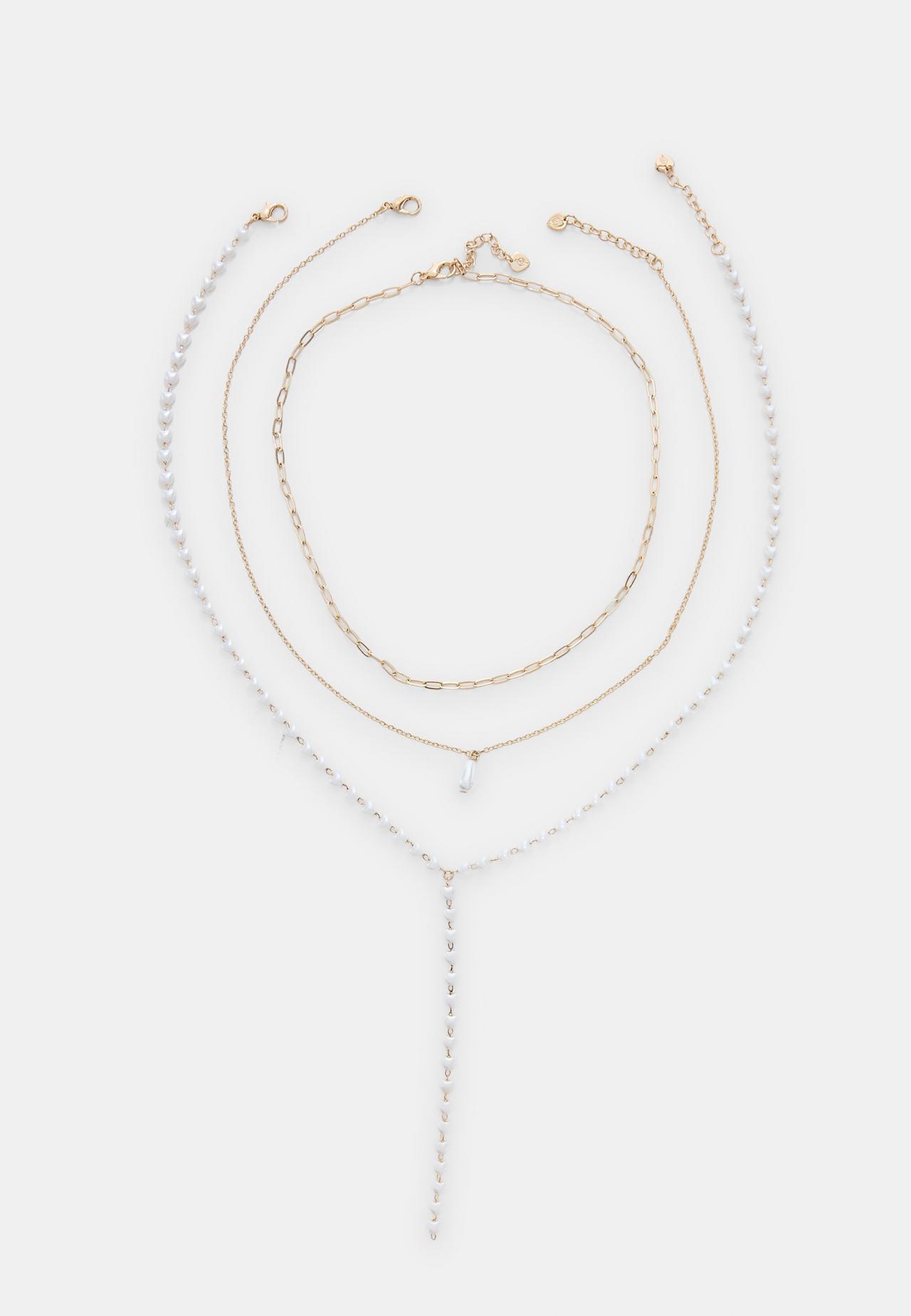 Set of 3 faux pearl lariat necklaces — Gold