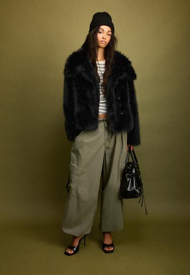 Basic high neck faux fur jacket — Black 2