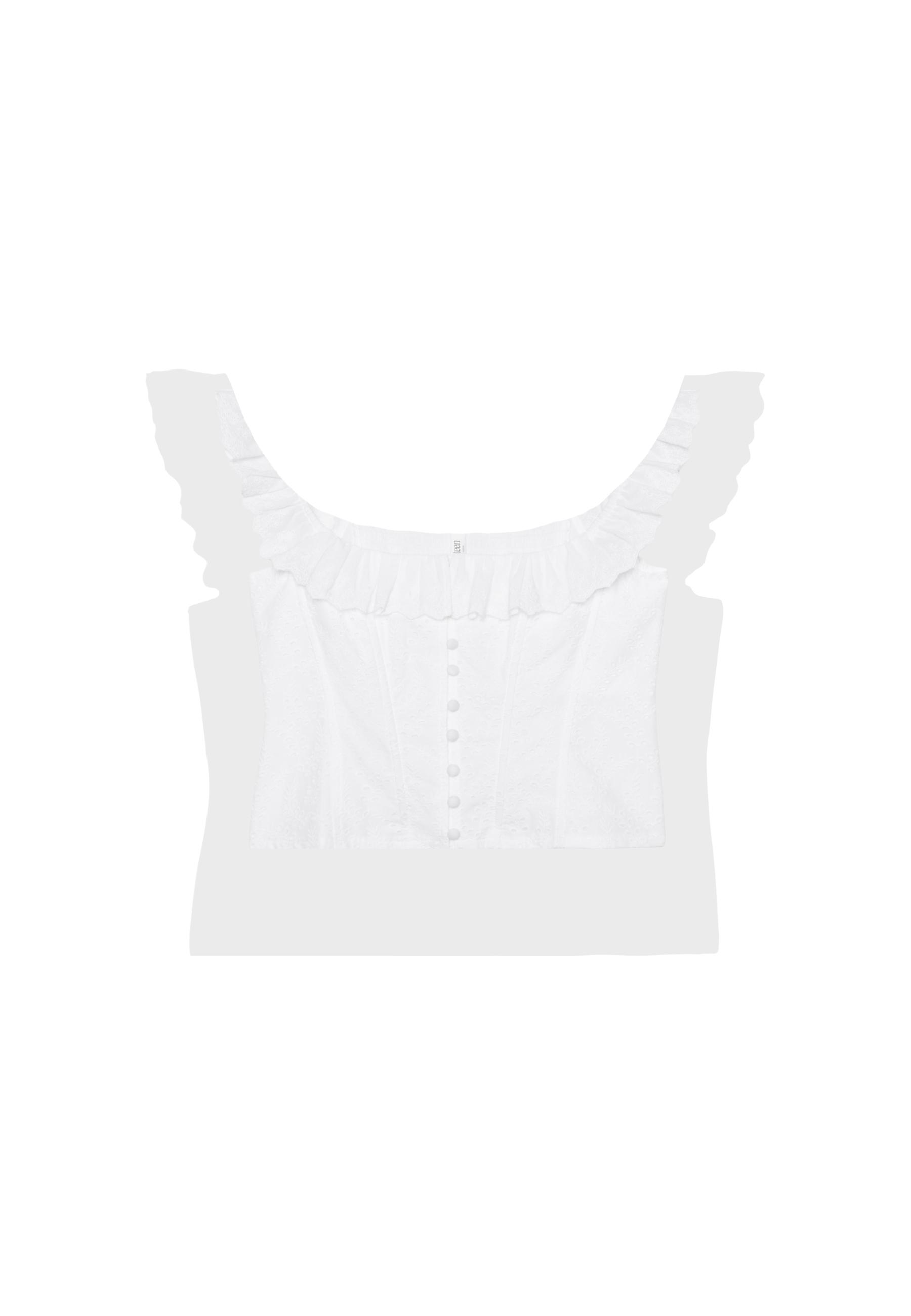 Corsetry-inspired Swiss embroidery top — Ecru