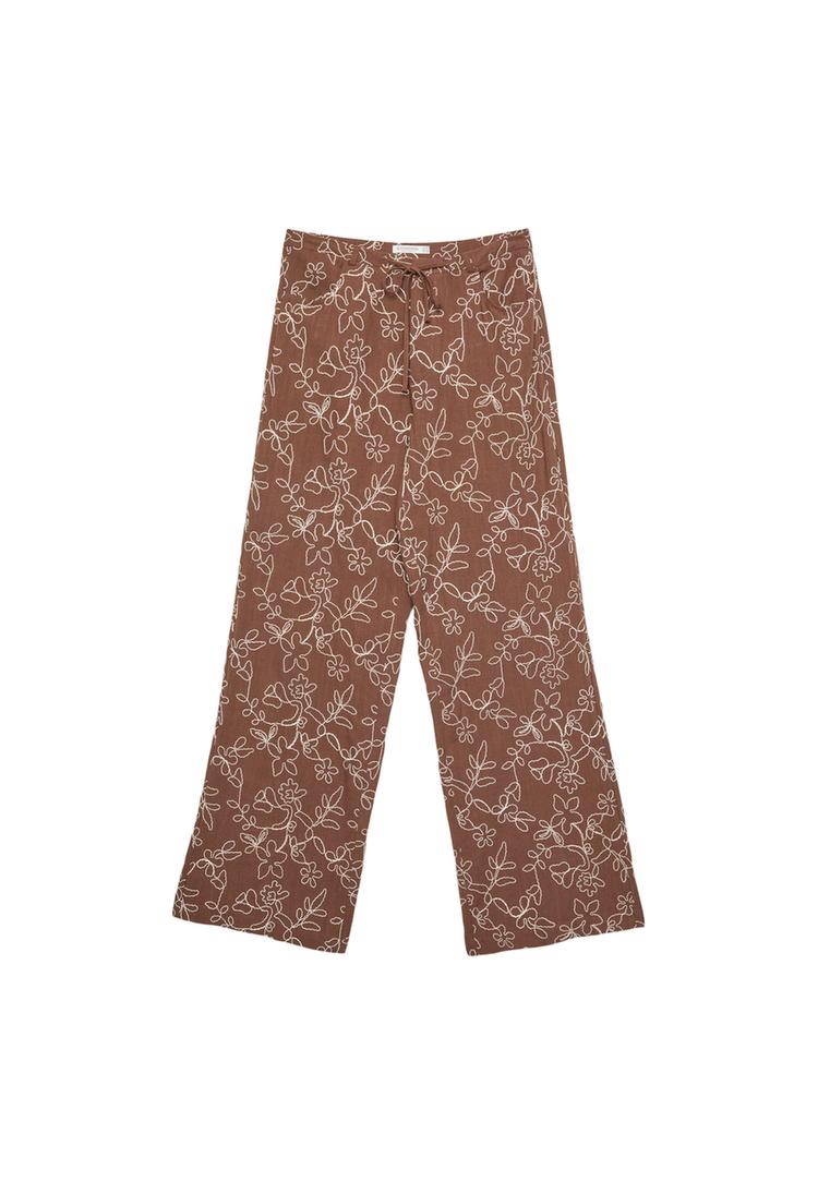 Keten karışımlı işlemeli straight fit pantolon_2