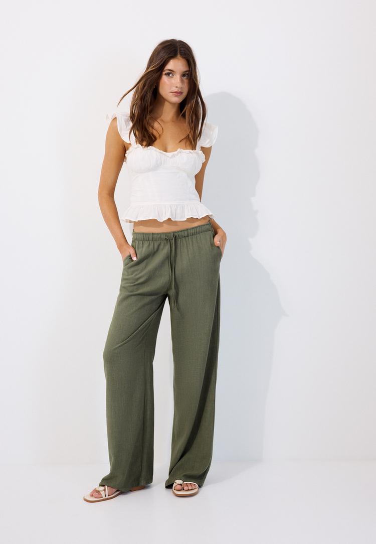 Straight-leg linen-effect trousers — Khaki