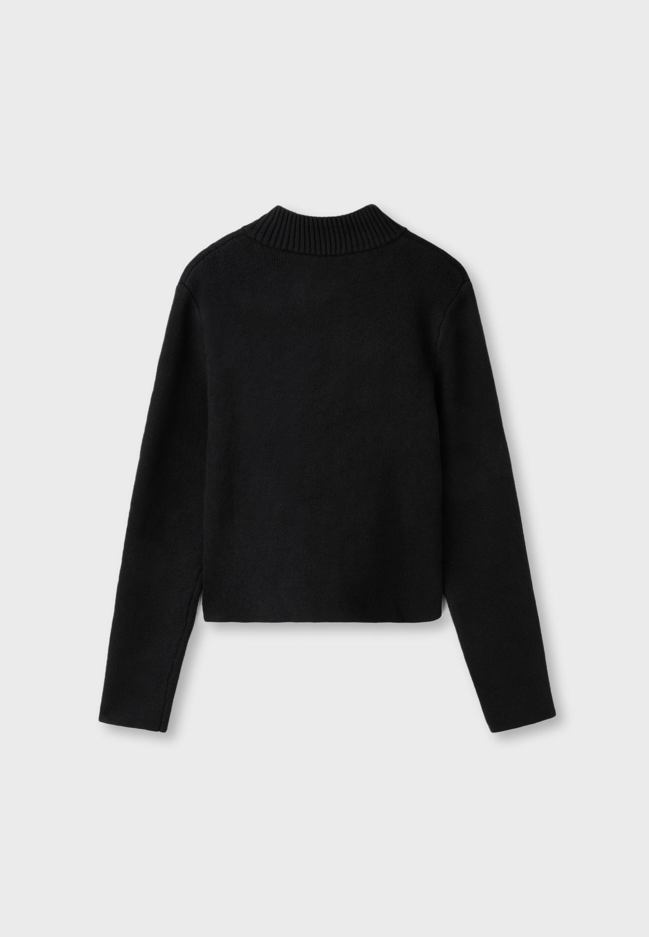 Double-breasted stand collar knit cardigan — Black
