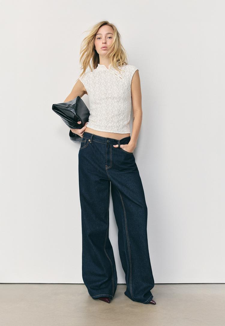 Stradivarius Μπλούζα Στυλ Qipao Με Δαντέλα Εκρού L