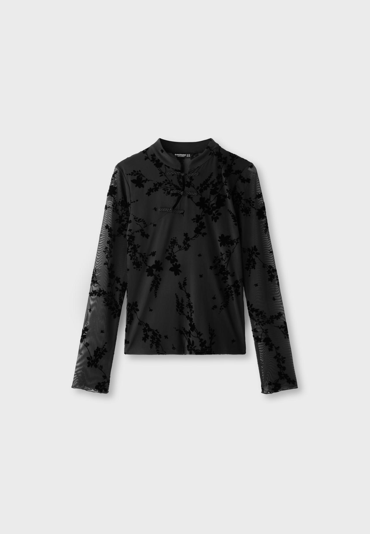 Flocked long sleeve T-shirt with toggles — Black
