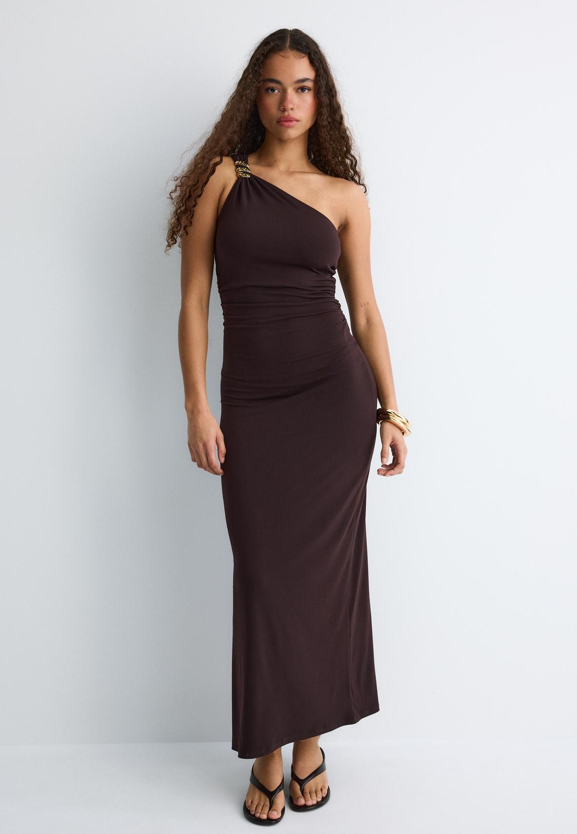strapless open back dress Arriba Midi Latte – Rayon Blend One-Shoulder Midi Dress