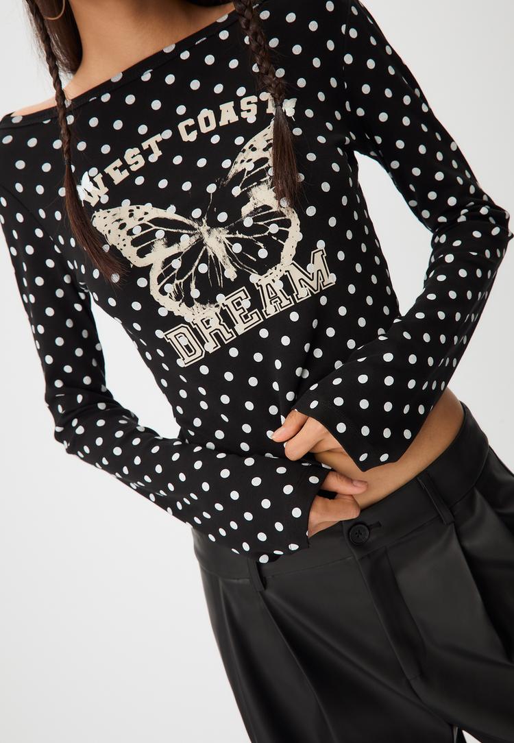 polka dot placement print boat neck t shirt