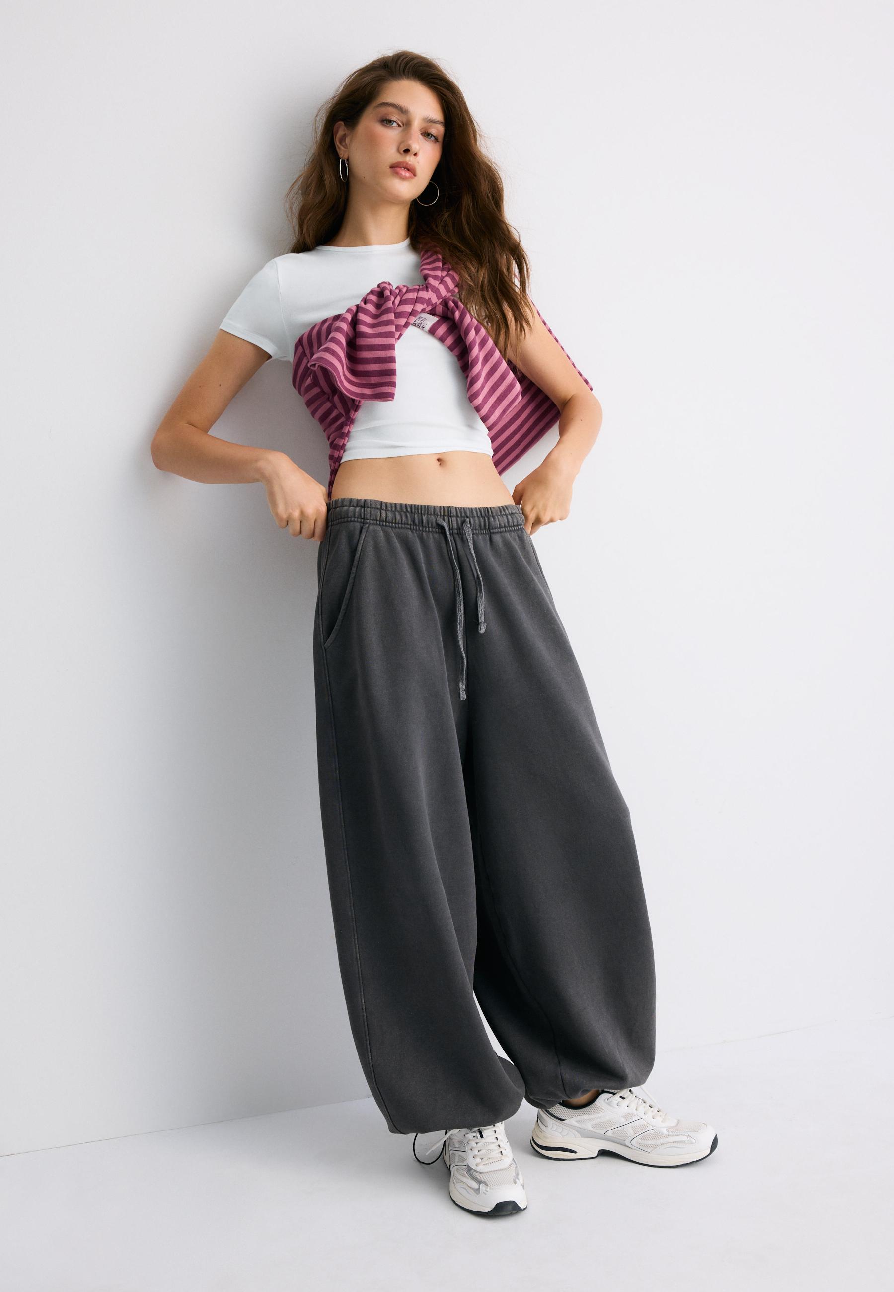 Acid wash plush jogger trousers with toggles — Dark grey