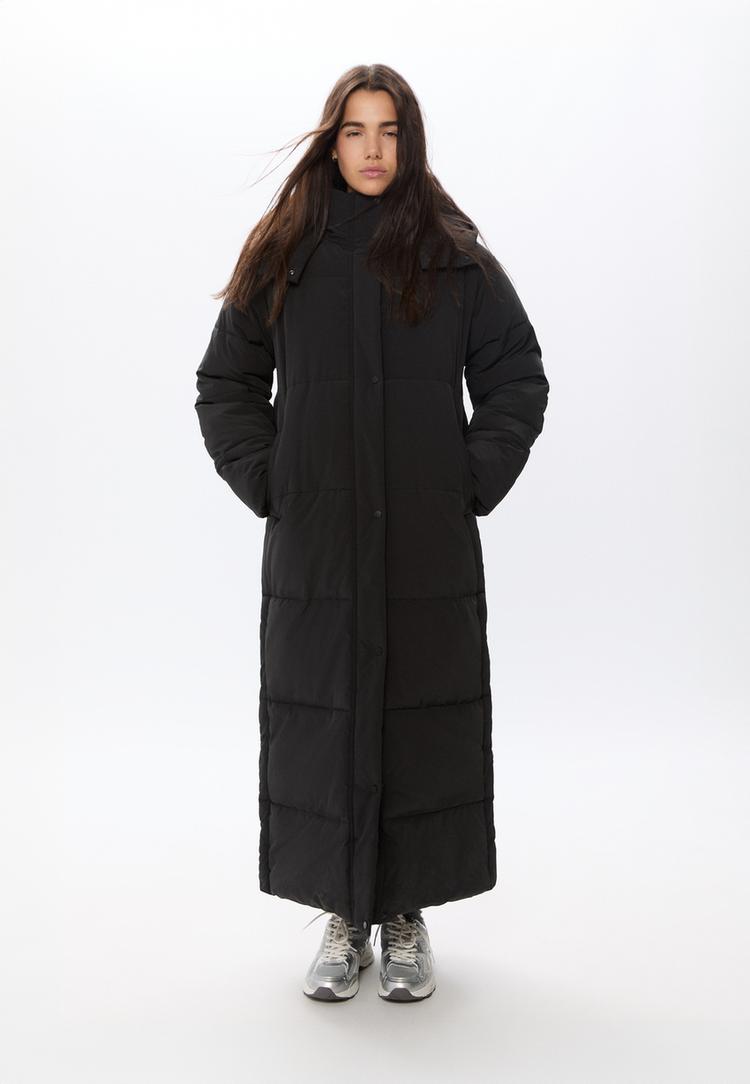 Stradivarius Maxi Dlhý Prešívaný Kabát Black Xl