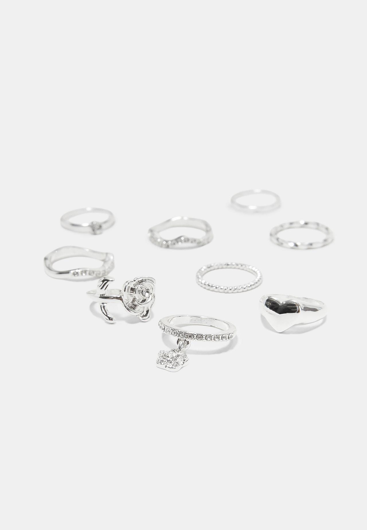 Set of 9 rose and rhinestone rings — Grey