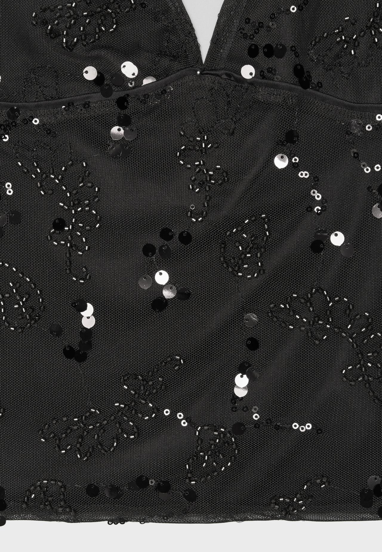 Rhinestones embroidered halter top — Black