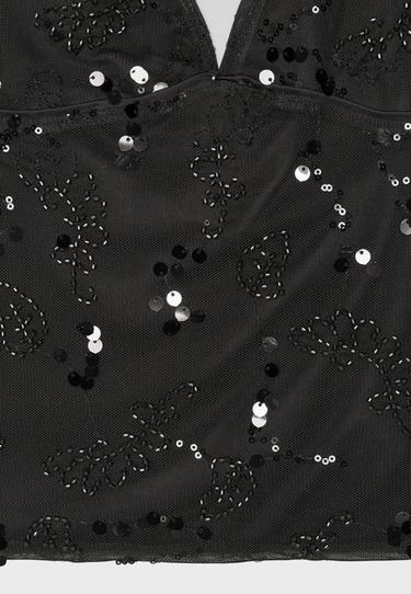 Rhinestones embroidered halter top — Black 8