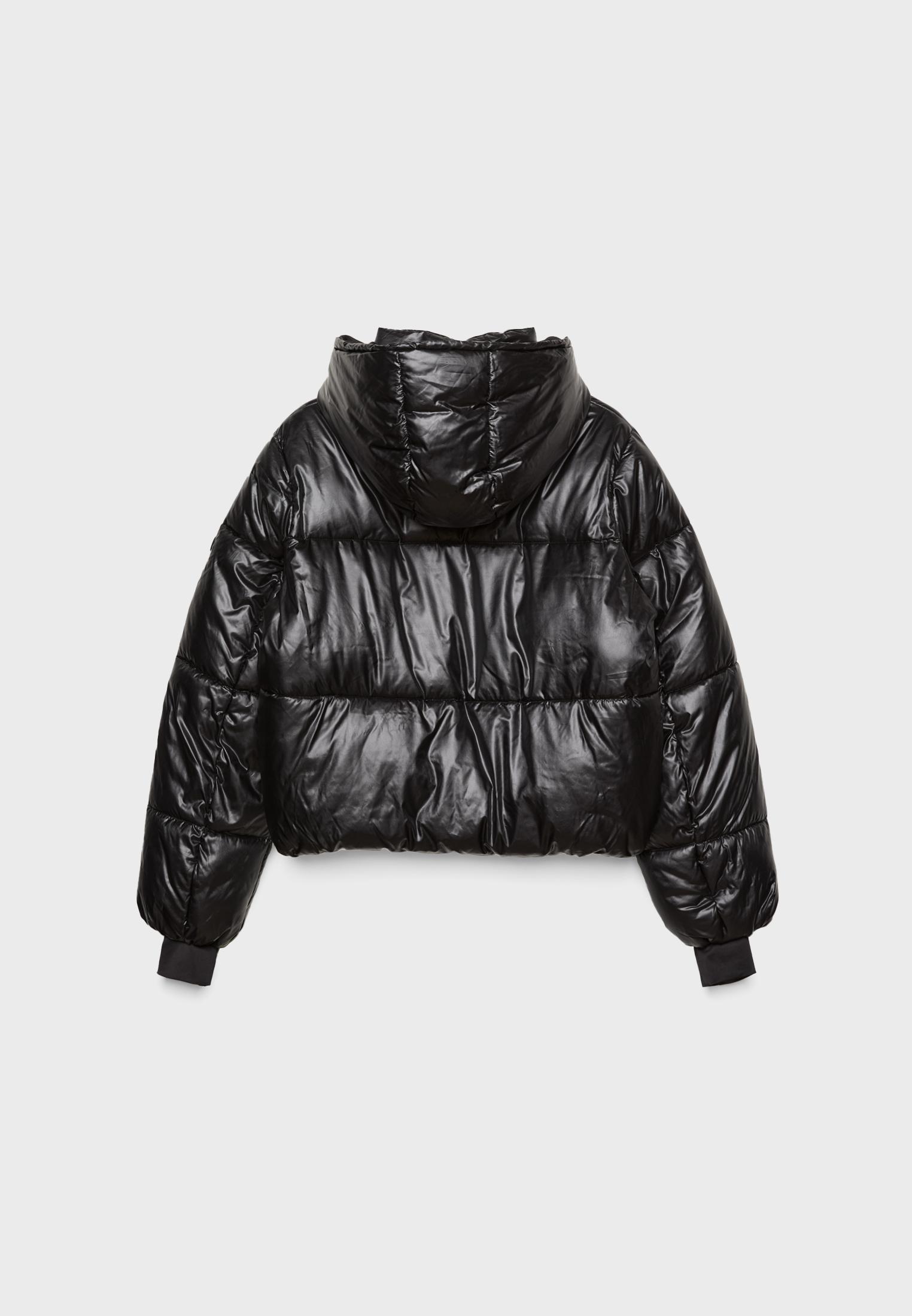Metallic hooded puffer jacket — Black