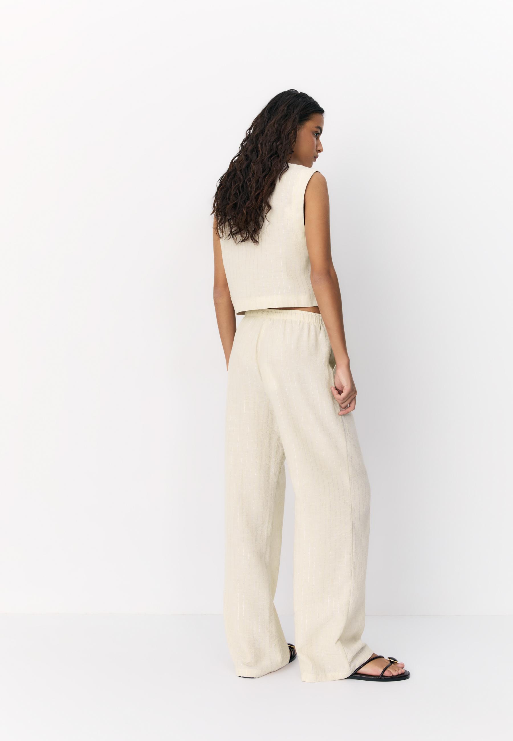 Flowing metallic thread linen-effect trousers — Stone
