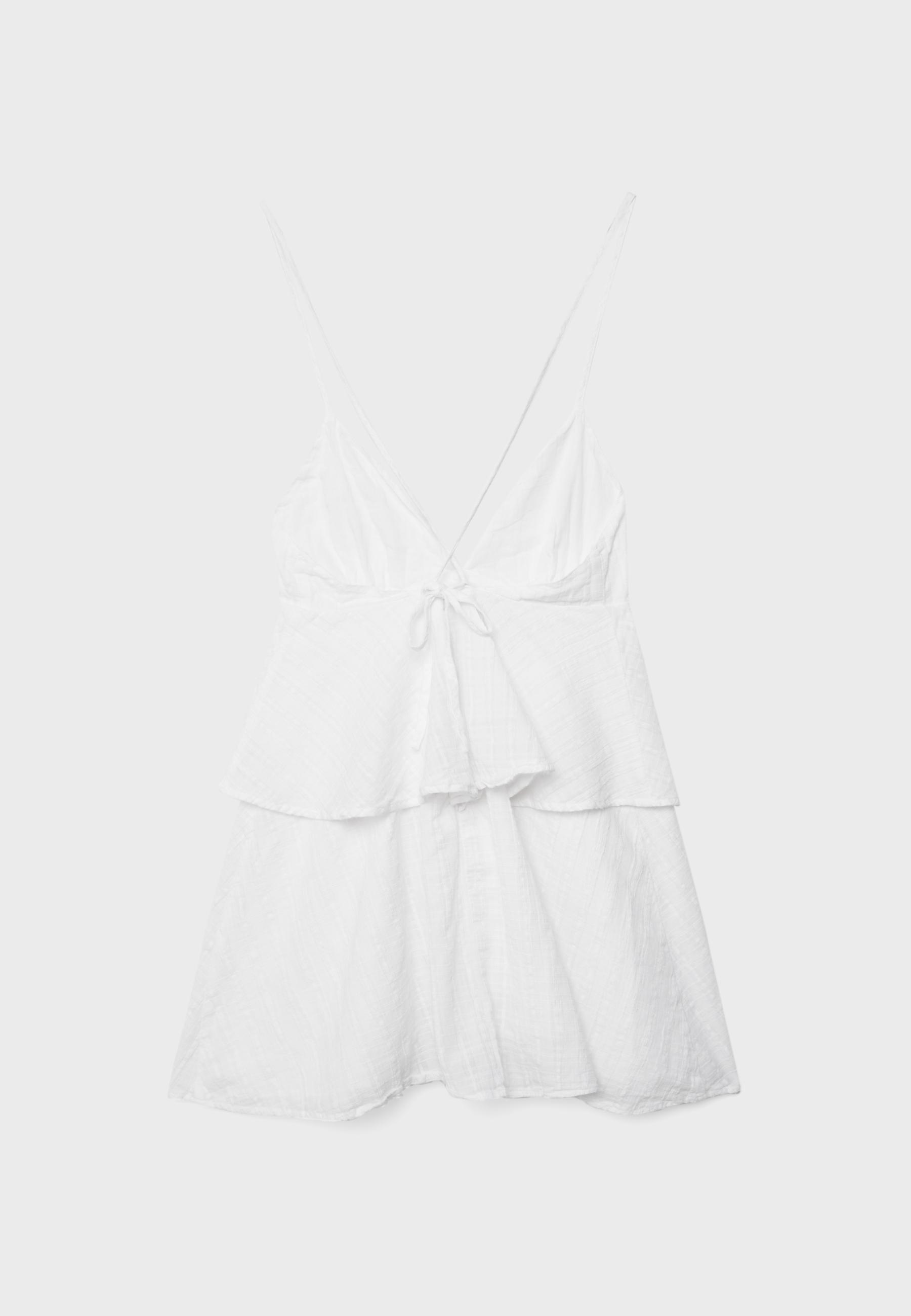 Short ruffled strappy dress — Ecru