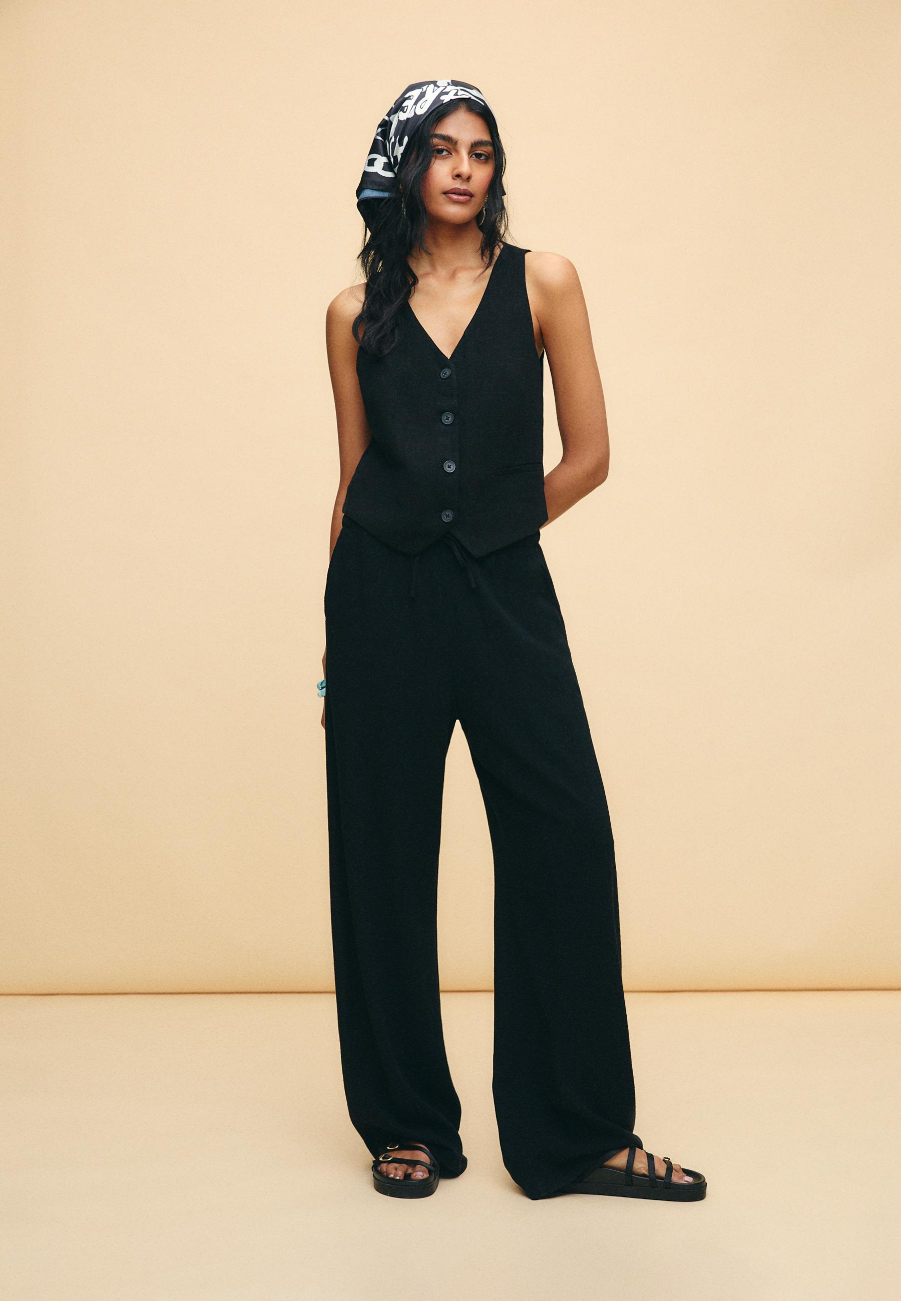 Straight-leg linen-look trousers — Black