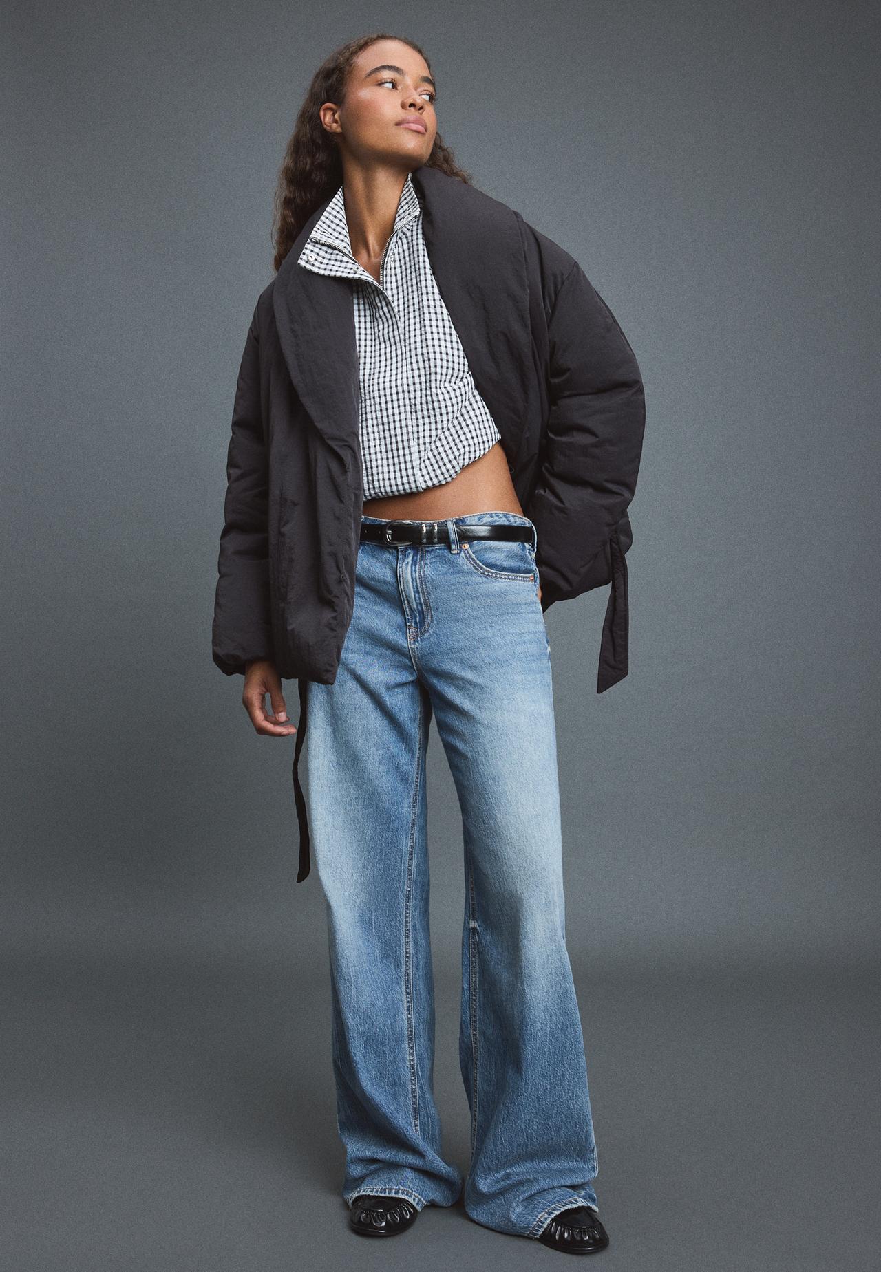 Puffer jacket with shawl neck and belt — Black