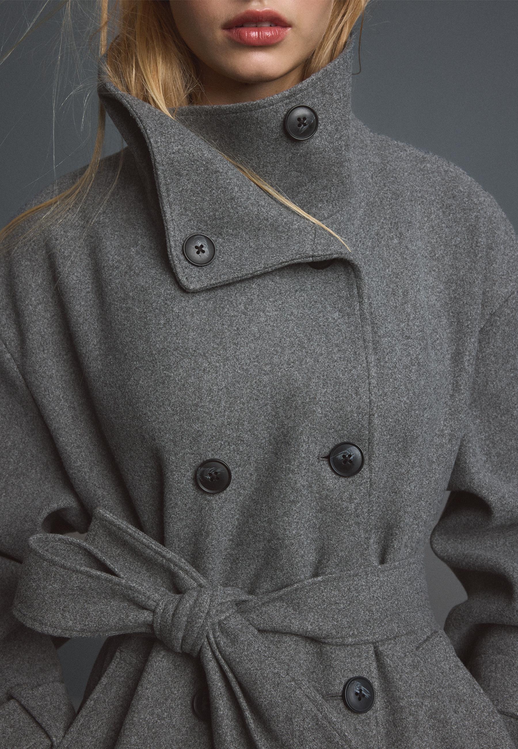 Long soft-touch coat with high neck - Women's fashion