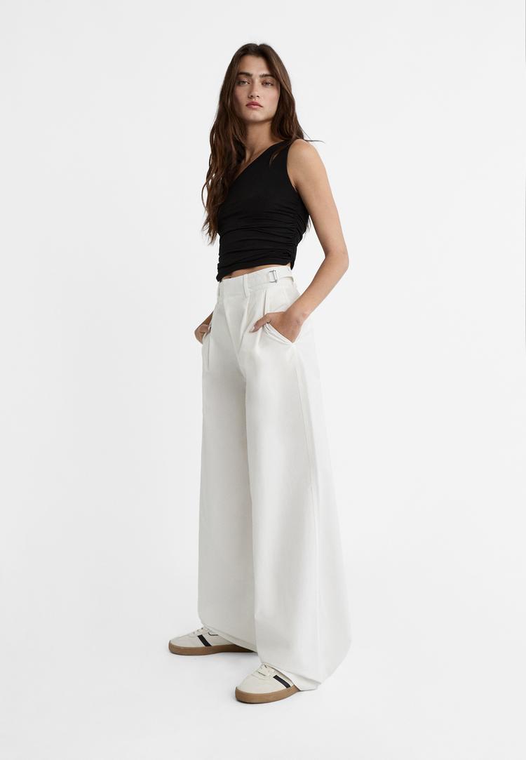 Stradivarius Pantaloni Super Wide Cu Betelie Reglabilă Alb 38