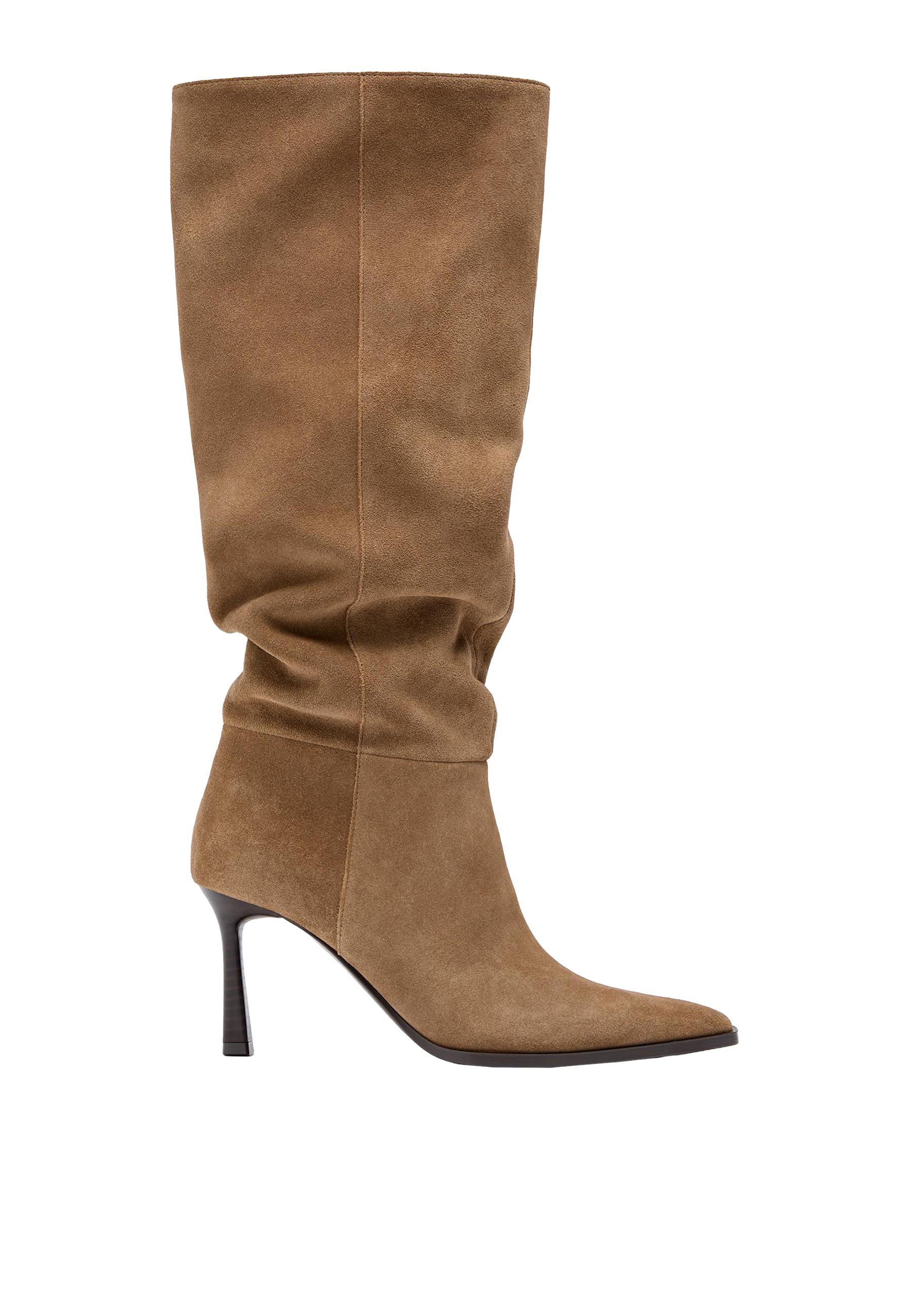 Leather slouchy stiletto heel high boots — BEIGE
