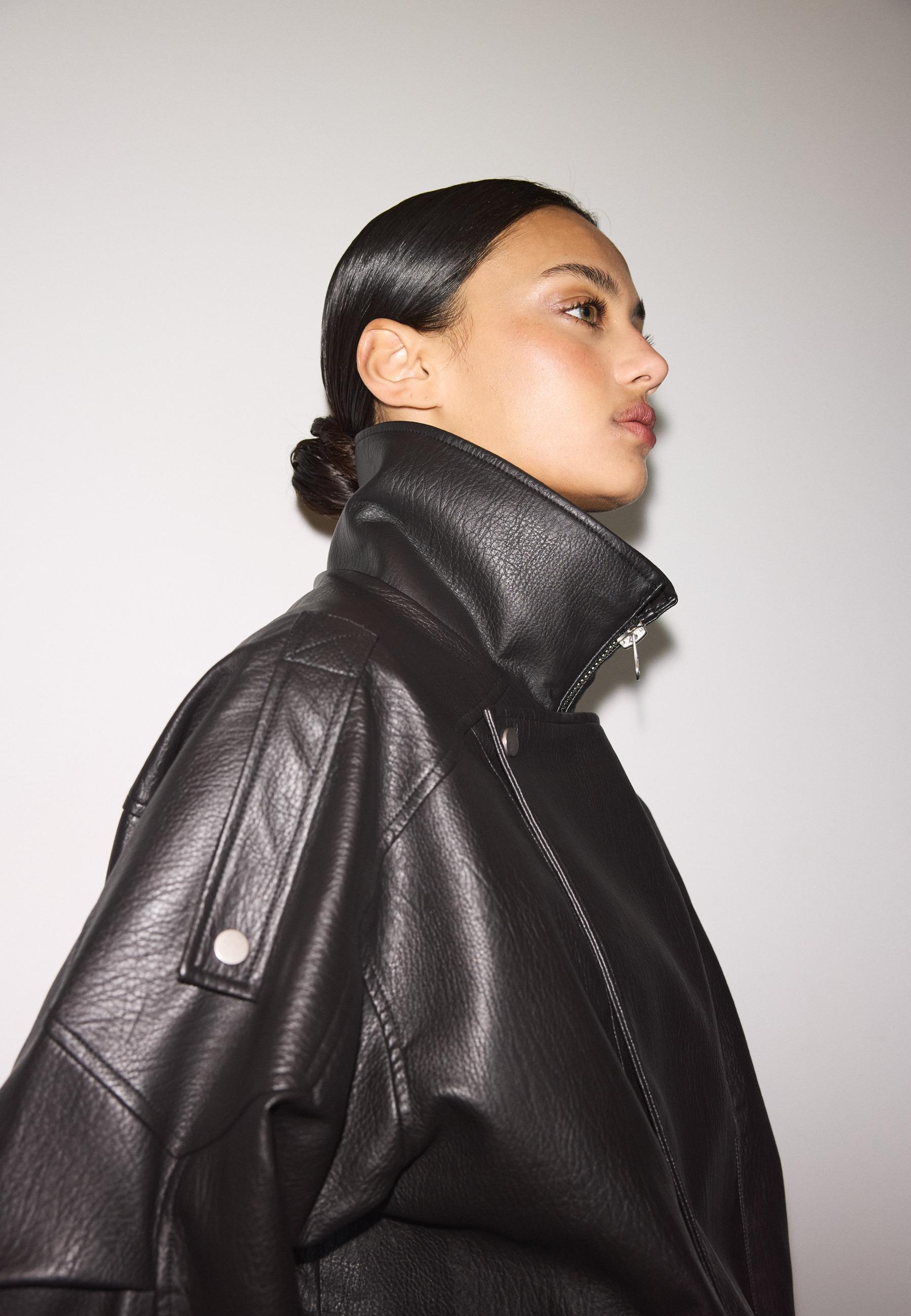Oversize faux leather lapel jacket - Women's fashion